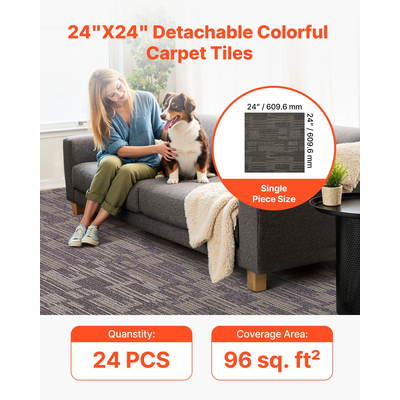 Πλακάκια χαλιού VEVOR Επαναχρησιμοποιούμενα 610x610 mm, 24 τεμάχια αρθρωτό τετράγωνο χαλί, Εμπορικό δάπεδο με μαλακή επένδυση για κάλυψη χωρίς ραφές 8,9㎡, Εύκολη αντικατάσταση DIY για σαλόνι, υπνοδωμάτιο εσωτερικού χώρου, γκρι & καφέ