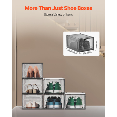 Κουτιά αποθήκευσης παπουτσιών VEVOR 6 τεμάχια στοιβαζόμενα κουτιά παπουτσιών US μέγεθος 13 διαφανή μαύρα