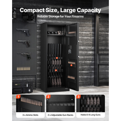 Χρηματοκιβώτιο όπλων VEVOR 6-8, Μακρύς θάλαμος όπλων για τουφέκια και πιστόλια, Πυράντοχο χρηματοκιβώτιο τυφεκίων γρήγορης πρόσβασης με 3 υποδοχές πυρομαχικών και 2 ρυθμιζόμενες βάσεις, Μεγάλο ψηφιακό ντουλάπι με κλείδωμα με κλειδί και κωδικό πρόσβασης