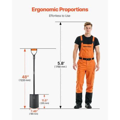 Τετράγωνο φτυάρι VEVOR, Επίπεδο φτυάρι βαρέως τύπου 122 cm, Φτυάρια μεταφοράς με λεπίδα από κράμα χάλυβα και αντιολισθητική λαβή D, αποσπώμενα και εύκολα στην αποθήκευση, για κηπουρική, κατασκευές, σκάψιμο και φτυάρι χιονιού