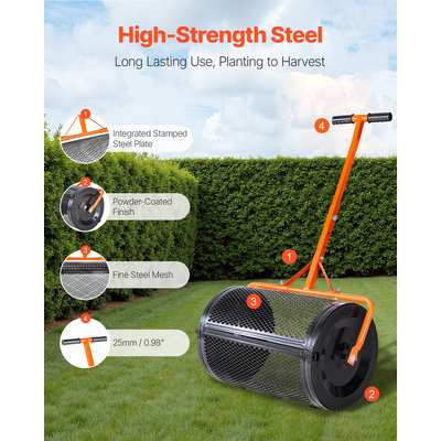 Διανομέας κομποστοποίησης VEVOR, Διανομέας τύρφης 24 ιντσών πλάτους με λαβή σε σχήμα Τ, Ρυθμιζόμενο σε 3 ύψη, Κύλινδρος τύρφης κήπου με ηλεκτροστατική βαφή από χάλυβα, Βαρέως τύπου διανομείς σπόρων χόρτου για φύτευση και σπορά