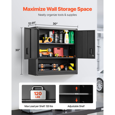 Μεταλλικό Ντουλάπι Τοίχου VEVOR, 76,2Π x 30,5Β x 76,2Υ ίντσες, Ατσάλινο Κρεμαστό Ντουλάπι Αποθήκευσης με Πόρτες που Κλειδώνουν και Ρυθμιζόμενο Ράφι για Γκαράζ, Υπόγειο, Κουζίνα, Αποθήκη - Απαιτείται Συναρμολόγηση, Μαύρο