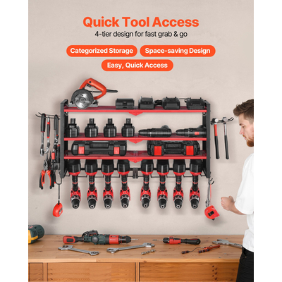 Οργάνωση ηλεκτρικών εργαλείων VEVOR για τοποθέτηση στον τοίχο, βάση αποθήκευσης 4 επιπέδων με 8 βάσεις τρυπανιών, βάση εργαλείων και βάση αποθήκευσης με πλαϊνά καρφιά, οργάνωση εργαλείων γκαράζ για γκαράζ, πάγκο εργασίας και εργαστήριο