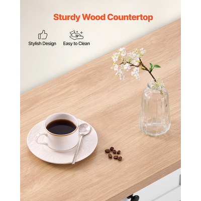 Καρότσι κουζίνας VEVOR με αποθηκευτικό χώρο, κινητό καρότσι κουζίνας πλάτους 153 cm με ρόδες, φύλλο πτώσης, 2 συρτάρια, ντουλάπι για κάδο απορριμμάτων, θήκη για μαχαίρια, βάση για μπαχαρικά και βάση για πετσέτες, τραπέζι για τραπεζαρία, ντουλάπι τροφίμων