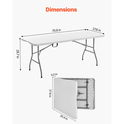 Πτυσσόμενο τραπέζι VEVOR, φορητό τραπέζι 6 ποδιών βαρέως τύπου που διπλώνει στη μέση, πλαστικό ορθογώνιο τραπέζι εσωτερικού/εξωτερικού χώρου με ενσωματωμένη λαβή, για πάρτι, φαγητό, γάμο, εκδηλώσεις, πικνίκ, κάμπινγκ, λευκό