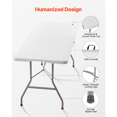 Πτυσσόμενο τραπέζι VEVOR, φορητό τραπέζι 6 ποδιών βαρέως τύπου που διπλώνει στη μέση, πλαστικό ορθογώνιο τραπέζι εσωτερικού/εξωτερικού χώρου με ενσωματωμένη λαβή, για πάρτι, φαγητό, γάμο, εκδηλώσεις, πικνίκ, κάμπινγκ, λευκό