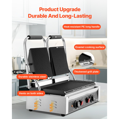 VEVOR Επαγγελματική Ψησταριά Panini, Ηλεκτρική Μηχανή Panini για Σάντουιτς 3600W, Διπλή Πρέσα Σάντουιτς από Ανοξείδωτο Ατσάλι, Έλεγχος Θερμοκρασίας Ψησταριάς Panini, Πλάκα από Σμάλτο με Πλήρεις Αυλακώσεις 48x23cm, για Χάμπουργκερ, Μοσχάρι και Μπέικον