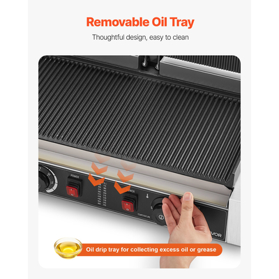 VEVOR Επαγγελματική Ψησταριά Panini, Ηλεκτρική Μηχανή Panini για Σάντουιτς 3600W, Διπλή Πρέσα Σάντουιτς από Ανοξείδωτο Ατσάλι, Έλεγχος Θερμοκρασίας Ψησταριάς Panini, Πλάκα από Σμάλτο με Πλήρεις Αυλακώσεις 48x23cm, για Χάμπουργκερ, Μοσχάρι και Μπέικον