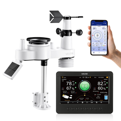 Μετεωρολογικός σταθμός VEVOR 7 σε 1 Wi-Fi, οθόνη TFT 177,8 mm, ασύρματος αισθητήρας εξωτερικού χώρου με ηλιακή ενέργεια, βροχόμετρο, εσωτερικός/εξωτερικός χώρος για πρόγνωση καιρού, ταχύτητα ανέμου, κατεύθυνση, θερμοκρασία, υγρασία, βροχόπτωση