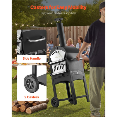 Φούρνος πίτσας εξωτερικού χώρου VEVOR, Φούρνοι πέλλετ 12", Φούρνος πίτσας 2 στρώσεων με ξύλα, Φούρνος πίτσας εξωτερικού χώρου με ξύλα και 2 αφαιρούμενες ρόδες, Φούρνοι πίτσας με μέγιστη θερμοκρασία 1000℉ για μπάρμπεκιου