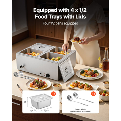 Θερμαντήρας φαγητού VEVOR Επαγγελματικός, Ηλεκτρικός θερμαντήρας φαγητού ατμού από ανοξείδωτο ατσάλι 1500W με καπάκι, Μπεν Μαρί Μπουφέ 4 Τηγανιών Γρήγορης Θέρμανσης με Σούπα & Τρυπητές Κουτάλες, για Catering, Εστιατόριο, Πάρτι
