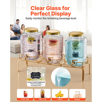 Διανομέας ποτών VEVOR, Συσκευασία 3 διανομέων ποτών 8L για πάρτι, Γυάλινος διανομέας χυμού με μεταλλική βάση, Βρύση από ανοξείδωτο ατσάλι, Εγχυτήρας, Διανομείς νερού με παγωμένο τσάι, λεμονάδα και χυμό για πάρτι