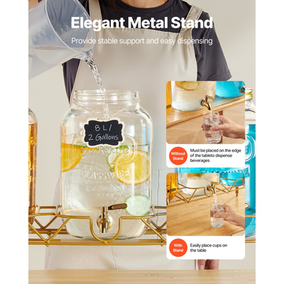 Διανομέας ποτών VEVOR, Συσκευασία 3 διανομέων ποτών 8L για πάρτι, Γυάλινος διανομέας χυμού με μεταλλική βάση, Βρύση από ανοξείδωτο ατσάλι, Εγχυτήρας, Διανομείς νερού με παγωμένο τσάι, λεμονάδα και χυμό για πάρτι