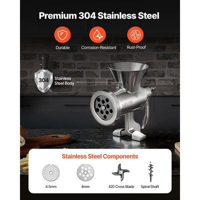 Χειροκίνητη μηχανή κοπής κιμά VEVOR, Κιμάς χειρός από ανοξείδωτο ατσάλι 304 με ατσάλινο σφιγκτήρα τραπεζιού, Γεμιστής λουκάνικων με 2 πλάκες κοπής και 4 σωλήνες λουκάνικου, Μύλος κοπής τροφίμων για επιτραπέζια κουζίνα με μοσχάρι και χοιρινό τσίλι