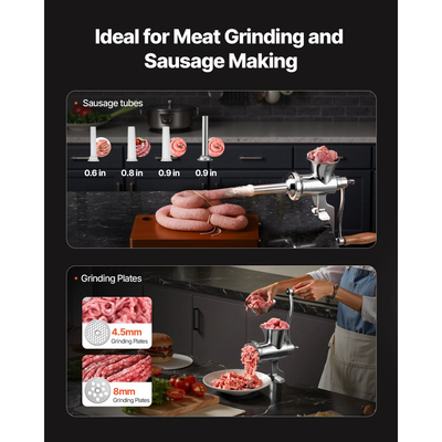 Χειροκίνητη μηχανή κοπής κιμά VEVOR, Κιμάς χειρός από ανοξείδωτο ατσάλι 304 με ατσάλινο σφιγκτήρα τραπεζιού, Γεμιστής λουκάνικων με 2 πλάκες κοπής και 4 σωλήνες λουκάνικου, Μύλος κοπής τροφίμων για επιτραπέζια κουζίνα με μοσχάρι και χοιρινό τσίλι