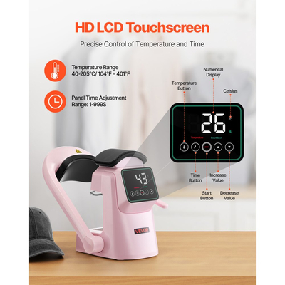 VEVOR Αυτόματη Θερμική Πρέσα για Καπέλα, με 2 εναλλάξιμες πλάκες, Αυτόματο Άνοιγμα και Απελευθέρωση, Οθόνη Αφής για Ακριβή Έλεγχο Χρόνου και Θερμοκρασίας, Εκτύπωση Θερμομεταφοράς για Καπέλα, Καπέλα, Ροζ