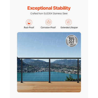 Στύλος κιγκλιδώματος καλωδίων VEVOR, Στύλοι σκάλας επιπέδου καταστρώματος 42x1x2 ιντσών, 1 τεμάχιο στύλου χειρολισθήρα καλωδίων από ανοξείδωτο χάλυβα, προ-τρυπημένοι στύλοι με βάση στήριξης, κιτ κιγκλιδώματος σκάλας, μαύρο, 1JZLGZXHS1063GGTD001V0