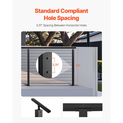 Στύλος κιγκλιδώματος καλωδίων VEVOR, Στύλοι σκάλας επιπέδου καταστρώματος 42x1x2 ιντσών, 1 τεμάχιο στύλου χειρολισθήρα καλωδίων από ανοξείδωτο χάλυβα, προ-τρυπημένοι στύλοι με βάση στήριξης, κιτ κιγκλιδώματος σκάλας, μαύρο, 1JZLGZXHS1063GGTD001V0