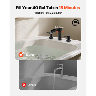 Βρύση μπανιέρας VEVOR Roman, Βρύση μπανιέρας με καταρράκτη 3 οπών, Σετ βρυσών μπανιέρας από κράμα ψευδαργύρου με 2 λαβές, Βρύσες μπανιέρας Roman για τοποθέτηση στο κατάστρωμα για πλύσιμο κατοικίδιων, Μπάνιο ενηλίκων, Ματ μαύρο, Έλεγχος θερμοκρασίας