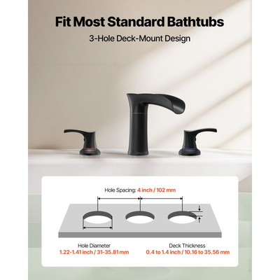 Βρύση μπανιέρας VEVOR Roman, Βρύση μπανιέρας με καταρράκτη 3 οπών, Σετ βρυσών μπανιέρας από κράμα ψευδαργύρου με 2 λαβές, Βρύσες μπανιέρας Roman για τοποθέτηση στο κατάστρωμα για πλύσιμο κατοικίδιων, Μπάνιο ενηλίκων, Ματ μαύρο, Έλεγχος θερμοκρασίας