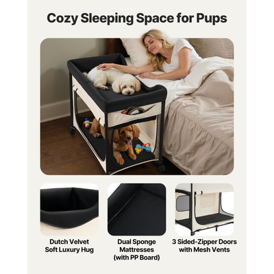 VEVOR Υπερυψωμένο Κρεβάτι για Κατοικίδια, Πτυσσόμενο Κρεβάτι Κουκέτας για Σκύλους με Ύφασμα Oxford 600D και Ολλανδικό Βελούδο, Φορητό Υπερυψωμένο Κρεβάτι με Ρόδες, Πλαϊνές Τσάντες Αποθήκευσης και Τσάντα Μεταφοράς για Γάτες & Σκύλους, XL, Μπεζ