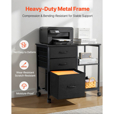 Μεταλλικό Ντουλάπι Αρχειοθέτησης VEVOR, Κινητό Ντουλάπι Αρχειοθέτησης με 3 Υφασμάτινα Συρτάρια και 2 Ανοιχτά Ράφια, Ξύλινα Κάθετα Ντουλάπια Αποθήκευσης Αρχειοθέτησης με Ρόδες για Αρχεία Letter, A4, Legal, Εύκολη Συναρμολόγηση, Μαύρο