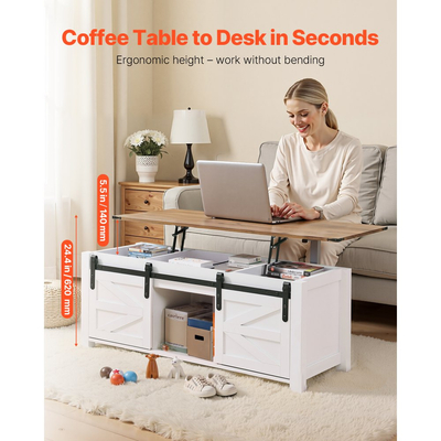 Τραπεζάκι σαλονιού VEVOR 1200 mm με ανυψούμενη επιφάνεια, Ρουστίκ κεντρικό τραπέζι με πόρτα αχυρώνα και κρυφό χώρο αποθήκευσης, Μοντέρνα ορθογώνια ανυψούμενη επιφάνεια τραπεζιού για σαλόνι, γραφείο, σπίτι, εύκολη συναρμολόγηση, λευκό