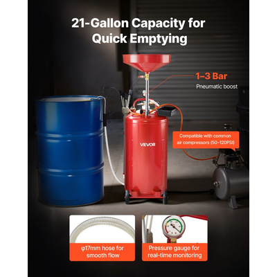 Δεξαμενή Αποστράγγισης Απόβλητων Λιπαντικών VEVOR 79,5L, Φορητή Αποστράγγιση Λαδιού με Αερόθερμη Λειτουργία και Ρυθμιζόμενο Ύψος Χωνιού, Βιομηχανική Δεξαμενή Αποστράγγισης Υγρών με Ρόδες, Αποστράγγιση Μεταφοράς Υγρών Καυσίμου για Συνεργεία Αυτοκινήτων, Κόκκινη