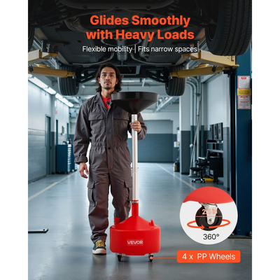 Δεξαμενή Αποστράγγισης Απόβλητων Λιπαντικών VEVOR 30L, Βιομηχανική Δεξαμενή Αποστράγγισης Υγρών με Ρυθμιζόμενο Ύψος Χωνιού, Φορητή Αποστράγγιση Λαδιού με Ρόδες, Αποστράγγιση Μεταφοράς Υγρών Καυσίμου για Συνεργεία Αυτοκινήτων, Γκαράζ, Κόκκινο