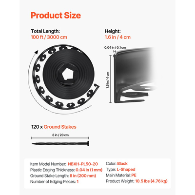 VEVOR Περιθώρια Τοπίου, Πλαστικά Περιθώρια Κήπου 3000 x 4 cm με 120 Καρφιά, Χωρίς Σκάψιμο, Εύκαμπτα Περιθώρια Χλοοτάπητα σε Ρολό, Ανθεκτικά στην UV Ακτινοβολία Μίνι Περιθώρια Φράχτη, Περιθώρια Μονοπατιών για Παρτέρια, Πλακόστρωτα Κήπου