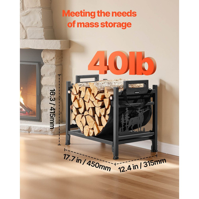 Ράφι καυσόξυλων εσωτερικού χώρου VEVOR, Κυρτή βάση για κορμούς 45cm με φορέα από καμβά, Βάση αποθήκευσης ξύλου με χωρητικότητα βάρους 18kg, Βάση καυσόξυλων από χάλυβα με ηλεκτροστατική βαφή, Βαρέως τύπου ράφι στοίβαξης ξύλων για τζάκι