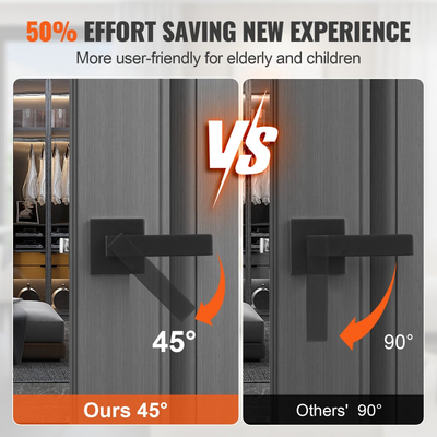 Λαβή πόρτας VEVOR Passage, 1 τεμάχιο ματ μαύρου μοχλού πόρτας, αριστερόστροφος ή δεξιόστροφος αναστρέψιμος μοχλός χωρίς κλείδωμα, περιστροφή 45° για άνοιγμα, τετράγωνο εσωτερικό γενικής χρήσης για διαδρόμους, ντουλάπες, χώρους συσκέψεων