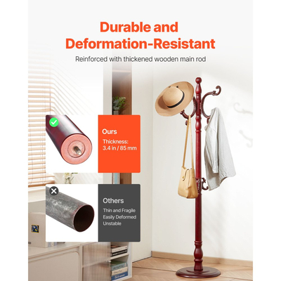 VEVOR Ράφι Παλτών Ελεύθερη, Ξύλινη Βάση Ράφι Παλτών με Βάρος & 11 Γάντζους, Ελεύθερη Κρεμάστρα για Παλτά για Είσοδο, Υπνοδωμάτιο, Σαλόνι, Μοντέρνα Βάση Κρεμάστρας Ρούχων για Παλτά, Καπέλα, Τσάντες