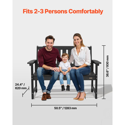 Πάγκος εξωτερικού χώρου VEVOR, 128 cm, χωρητικότητα βάρους 363 kg για 2-3 άτομα, ανθεκτικό στις καιρικές συνθήκες πλαστικό πλαίσιο με πλάτη και φαρδιά μπράτσα, εξωτερικός πάγκος για βεράντα, κήπο, πάρκο, αυλή, μπροστινή βεράντα, μαύρος