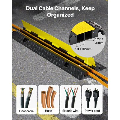 Ράμπα προστασίας καλωδίων VEVOR, χωρητικότητα 9.979 kg/άξονα, κάλυμμα εύκαμπτου σωλήνα από καουτσούκ βαρέως τύπου 2 καναλιών, κανάλι 32 x 31 mm, σαμαράκι ταχύτητας κυκλοφορίας με αναδιπλούμενο επάνω κάλυμμα, για εσωτερική και εξωτερική χρήση, 1 τεμάχιο