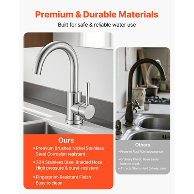 Βρύση νεροχύτη VEVOR μονής λαβής, Βρύση μπάνιου μονής λαβής από βουρτσισμένο νικέλιο, Βρύσες νερού κουζίνας με αεριστήρα κατά των πιτσιλιών, Κατάλληλο για μπάνιο, τροχόσπιτο, νεροχύτη μπαρ, δημόσια τουαλέτα, στόμιο υψηλού τόξου