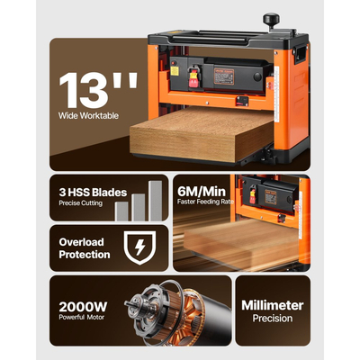 Πλάνη πάχους VEVOR, τριών λεπίδων, πλάτους 330 mm, Ισχυρός κινητήρας 2000W 23500 σ.α.λ., διπλοί κύλινδροι, προστασία από υπερφόρτωση, ξυλουργική μονής ταχύτητας, για σκληρό μαλακό ξύλο