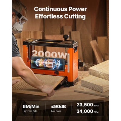 Πλάνη πάχους VEVOR, τριών λεπίδων, πλάτους 330 mm, Ισχυρός κινητήρας 2000W 23500 σ.α.λ., διπλοί κύλινδροι, προστασία από υπερφόρτωση, ξυλουργική μονής ταχύτητας, για σκληρό μαλακό ξύλο