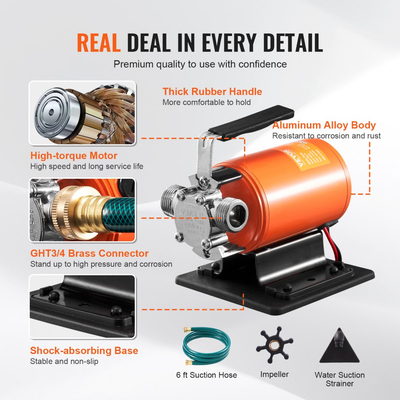 Αντλία μεταφοράς νερού VEVOR, 12V DC 23 L/min (360 GPH) 75W (1/10HP), Φορητή ηλεκτρική αντλία με κιτ σωλήνα αναρρόφησης 183cm / 6 ft, πτερωτή, φίλτρο αναρρόφησης, για κήπο, βαρέλι βροχής, πισίνα, λίμνη, υδρομασάζ, αποστράγγιση ενυδρείου