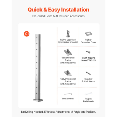 Στύλος κιγκλιδώματος καλωδίων VEVOR, Στύλοι σκάλας επιπέδου καταστρώματος 36x1x2 ιντσών, 1 τεμάχιο στύλου χειρολισθήρα καλωδίων από ανοξείδωτο χάλυβα, Προ-τρυπημένοι στύλοι με βάση στήριξης, Κιτ κιγκλιδώματος σκάλας, Ασημί, 1JZLGZXYS914I4BDB001V0