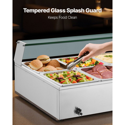 Θερμαντήρας φαγητού VEVOR Επαγγελματικός, Ηλεκτρικός θερμαντήρας φαγητού ατμού από ανοξείδωτο ατσάλι 1700W με γυάλινο κάλυμμα, Μπεν Μαρί Μπουφέ 10 Τηγανιών με Σούπα & Τρυπητές Κουτάλες, για Catering, Εστιατόριο & Πάρτι