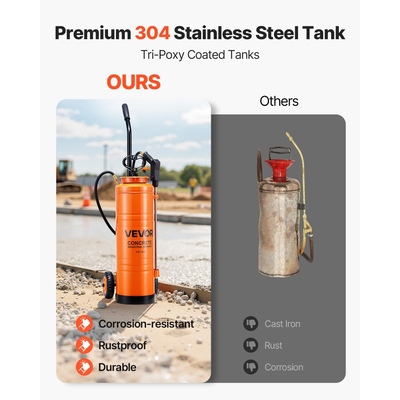 Βιομηχανικός ψεκαστήρας σκυροδέματος VEVOR με τροχήλατο καρότσι, ψεκαστήρας από ανοξείδωτο χάλυβα 19 λίτρων, ψεκαστήρες βαρέως τύπου με αντλία Tri-Poxy, ράβδος 52 cm, σωλήνες 1,2 m και 3 m, 2 ορειχάλκινα ακροφύσια για κατασκευές, γκαζόν και κήπο