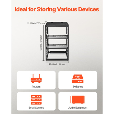 Rack δικτύου VEVOR 16U ανοιχτού πλαισίου, βάθους 585 mm, επιτοίχιο ή επιδαπέδιο, βαρέως τύπου 4 θέσεων, με αεριζόμενα ράφια και υλικό στήριξης, χωράει όλο τον εξοπλισμό δικτύωσης IT και τον εξοπλισμό AV.