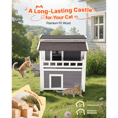 Μονωμένο σπιτάκι γάτας VEVOR, διώροφο ξύλινο καταφύγιο γάτας, μόνωση αφρού, καταφύγιο άγριας γάτας με μπαλκόνι, αδιάβροχα διαμερίσματα για γάτες εσωτερικού και εξωτερικού χώρου 1-3 γάτες το χειμώνα 84 × 75 × 82 cm