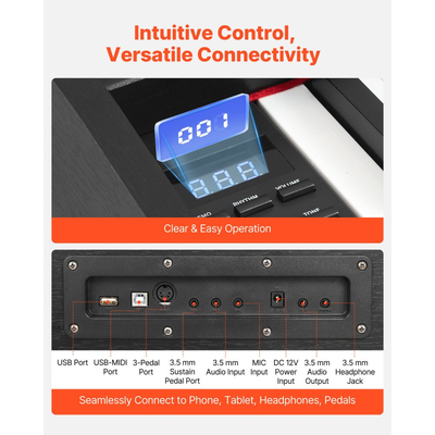 Ψηφιακό πιάνο VEVOR με βάρη, 88 πλήκτρα με πλήρη βάρη, διπλό πληκτρολόγιο και ηχεία ηλεκτρικού πιάνου, με πεντάλ Sustain, λειτουργία εγγραφής, 238 τόνοι, ασύρματη σύνδεση, για αρχάριους, χωρίς βάση