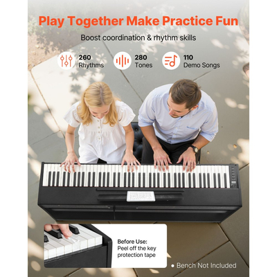 Ψηφιακό πιάνο VEVOR με βάρη, 88 πλήκτρα με πλήρη βάρη, ηλεκτρικό πληκτρολόγιο πιάνου με βάση επίπλωσης, τροφοδοτικό, τριπλό πεντάλ, λειτουργία εγγραφής, 280 τόνοι, ασύρματη σύνδεση, για αρχάριους, μαύρο