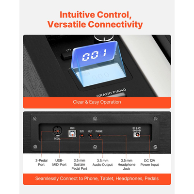 Ψηφιακό πιάνο VEVOR με βάρη, 88 πλήκτρα με πλήρη βάρη, ηλεκτρικό πληκτρολόγιο πιάνου με βάση επίπλωσης, τροφοδοτικό, τριπλό πεντάλ, λειτουργία εγγραφής, 280 τόνοι, ασύρματη σύνδεση, για αρχάριους, μαύρο