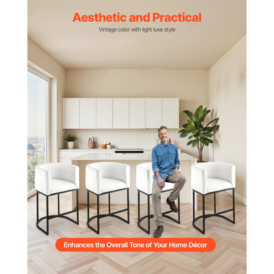 Σετ 3 σκαμπό μπαρ VEVOR, σκαμπό ύψους πάγκου 63cm, σκαμπό μπαρ πάγκου με πλάτη, μπράτσο, μεταλλικό σκελετό και υποπόδιο, καρέκλα μπαρ Accent από ύφασμα, σκαμπό μπαρ νησίδας για κουζίνα, τραπεζαρία, λευκό