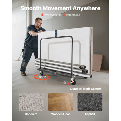 Τροχήλατο καρότσι γυψοσανίδας VEVOR, χωρητικότητα φορτίου 816 kg, καρότσι φορτηγού από χάλυβα με περιστρεφόμενους τροχούς 12,5 mm, ξύλινο καρότσι γυψοσανίδας με ιμάντα πρόσδεσης και 2 πλευρικά κιγκλιδώματα για εργοστάσιο, αποθήκη, γκαράζ, μαύρο