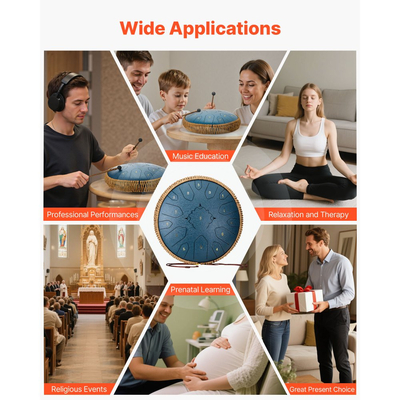 VEVOR Ατσάλινο Τύμπανο με Γλώσσα, 33cm 15 Νότες Τύμπανο Βροχής για Εξωτερικό Κήπο, Μουσικά Τύμπανα σε Ντο Μείζονα με Βιβλίο Μουσικής & Σφυράκια, Κρουστά Όργανα για Διαλογισμό Γιόγκα για Αρχάριους, Μουσική Εκπαίδευση, Μπλε Ναυτικό